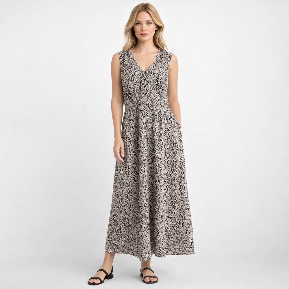 LOFT Sleeveless Ruffled V-Neck Maxi Dress Abstract Leaf Pattern Sz. 12